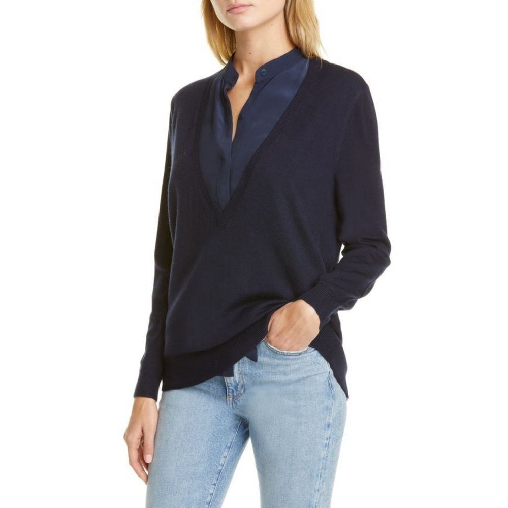 Club Monaco Mixed Media Merion Navy V-Neck Sweater  Size Small